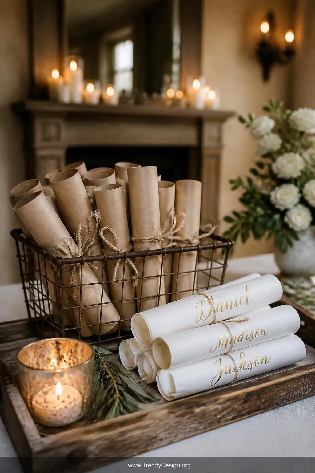 Arrangement of kraft paper scrolls tied with twine stacked inside a wire basket on a rustic wooden tray centerpiece beside white cardstock scrolls with gold hand-lettered names, warm candlelight glow, medium closeup shot highlighting the rich texture contrast between natural paper and metallic ink.