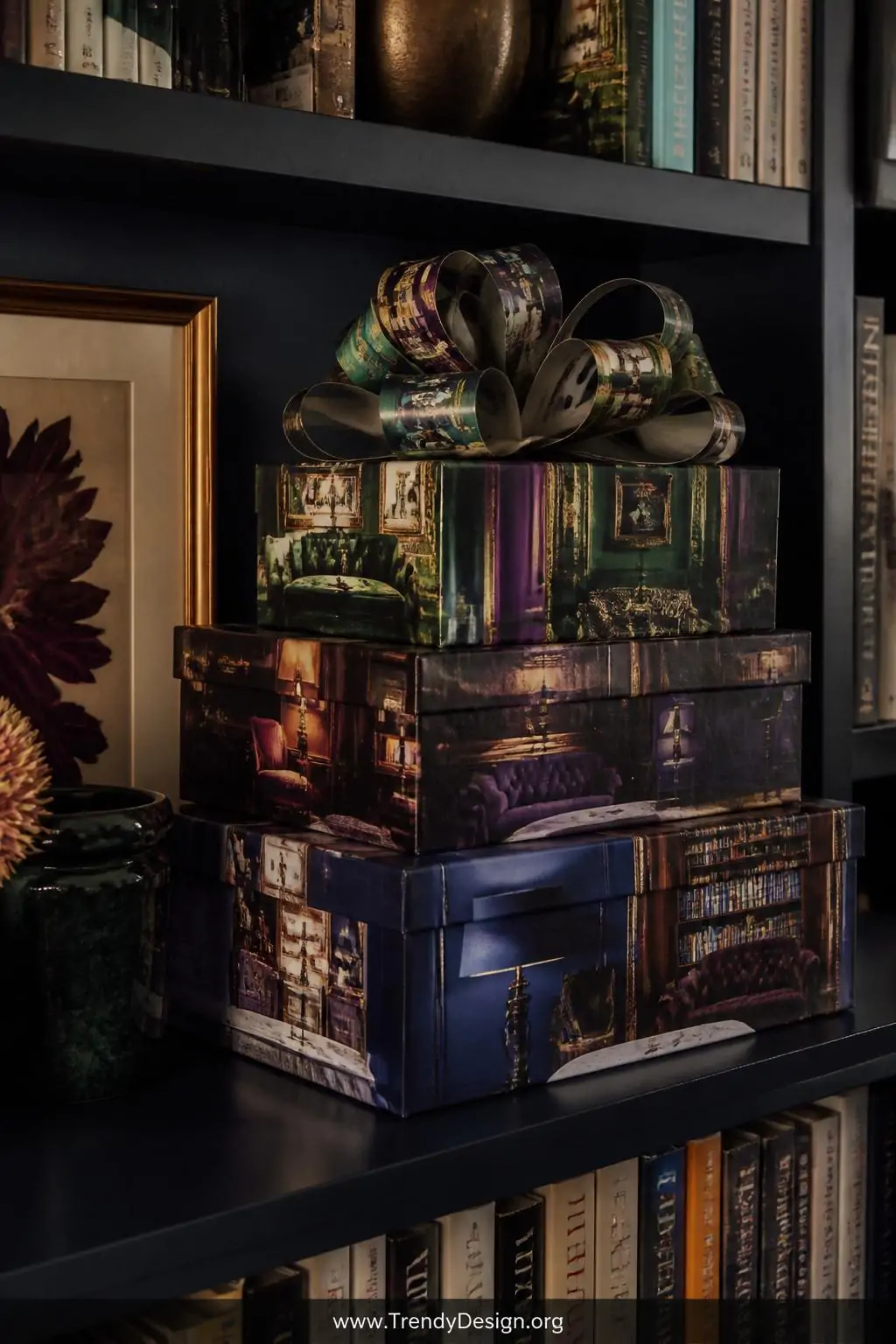 Stack of magazine-wrapped decorative boxes in coordinating deep jewel tones topped with layered looped paper bows, arranged on a dark painted bookshelf, moody maximalist living room, dramatic side lighting accentuating the glossy photography pages and crisp double-sided taped edges, medium shot.