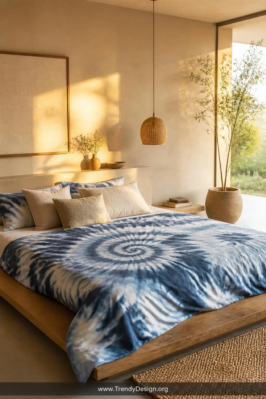 Tie-dye patterned bed sheets in soft indigo shibori spiral patterns layered with linen pillows on a low platform bed, warm golden morning light, wide shot of serene minimalist bedroom.