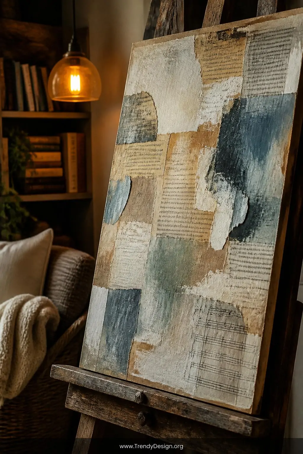 Layered mixed media collage abstract painting incorporating torn book pages and sheet music under translucent acrylic washes sitting on a rustic wooden easel in a cozy reading nook, closeup shot, warm amber pendant light revealing the rich textural depth of paper edges and paint layers, photorealistic interior design, no people.