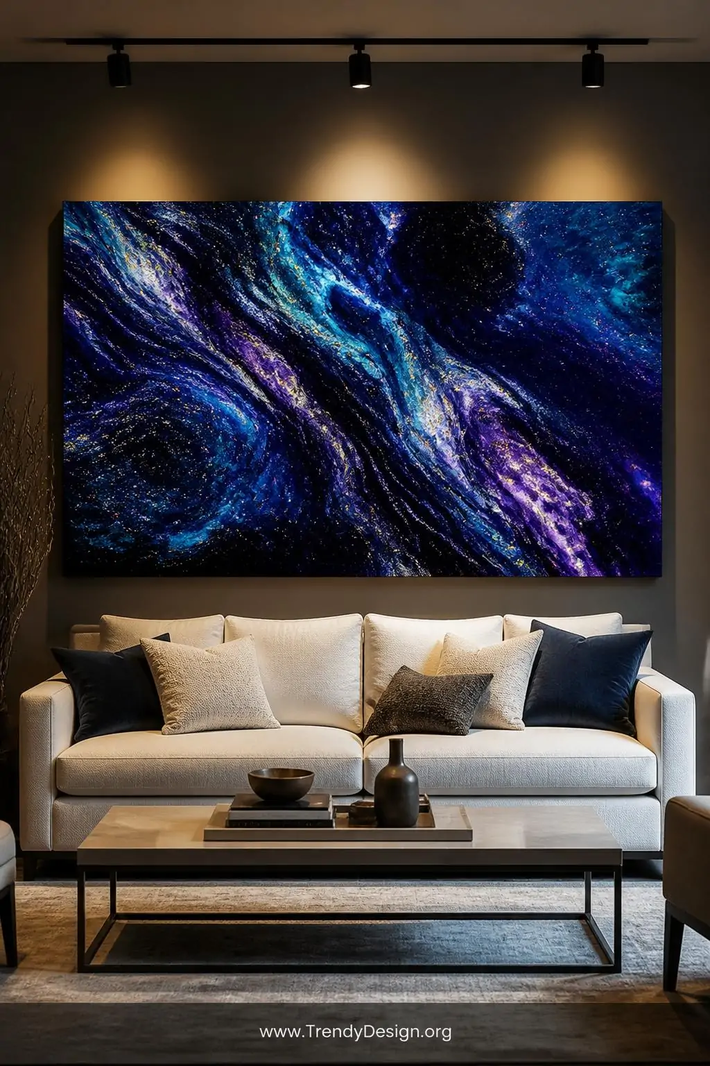 Large poured acrylic galaxy art panel in deep navy, teal, purple, and black organic swirls displayed as a solo statement piece above a cream linen sofa, dramatic track lighting casting a spotlight on the fluid cosmic patterns, wide shot.