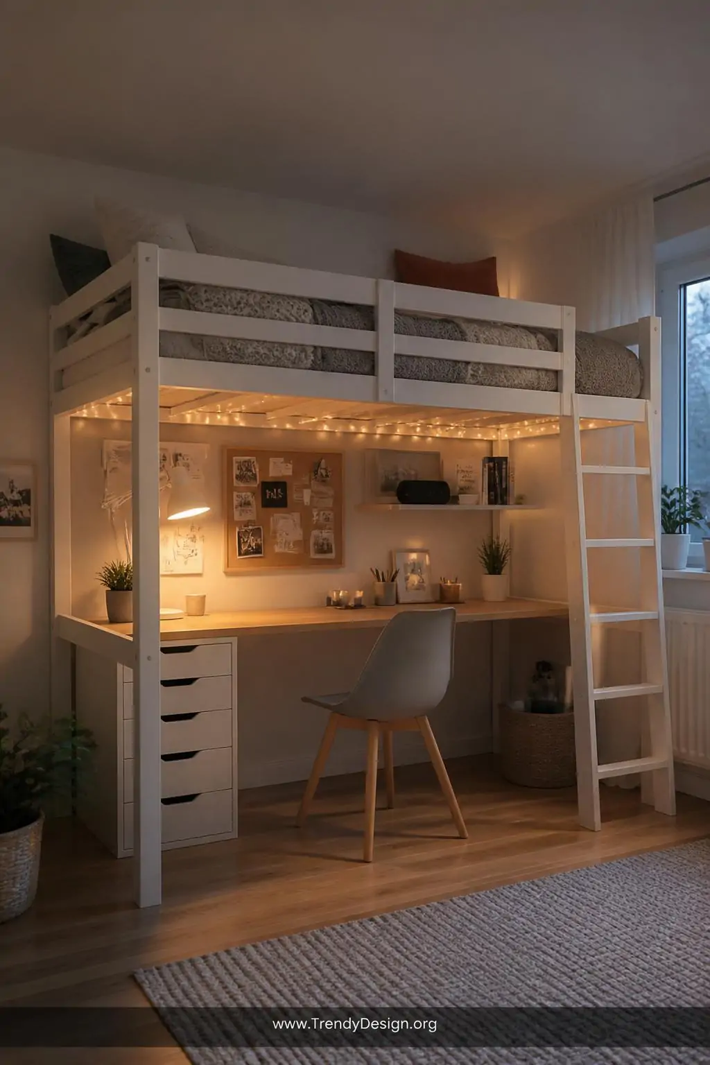 White loft bed frame with a built-in wooden desk tucked underneath decorated with string lights along the frame edge and a small mounted reading lamp, kids small bedroom study nook, Scandinavian modern style, warm ambient light from string lights and a task lamp, wide shot showing the full loft and under-desk workspace relationship, photorealistic interior design.