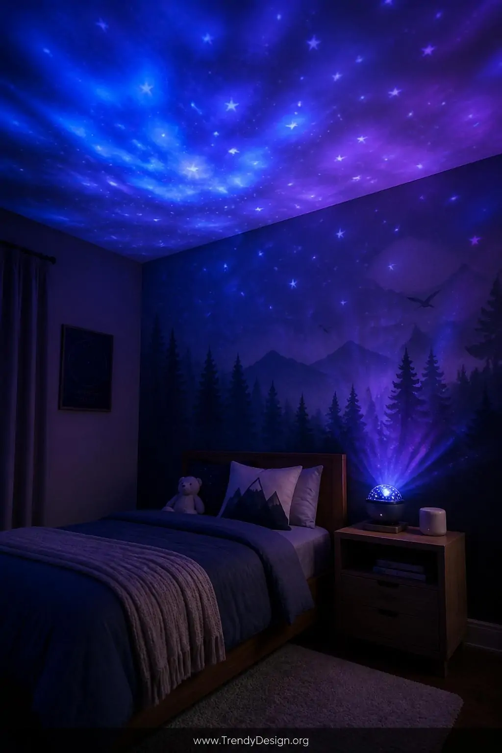 Starlight projector and nature sound machine sitting on a small wooden nightstand beside a child's bed, soft projected aurora and rotating star patterns glowing across the ceiling and forest mural wall in deep blue and violet, the darkened room lit only by the projector's atmospheric light, wide shot capturing the full immersive dreamy bedtime atmosphere, photorealistic interior design.
