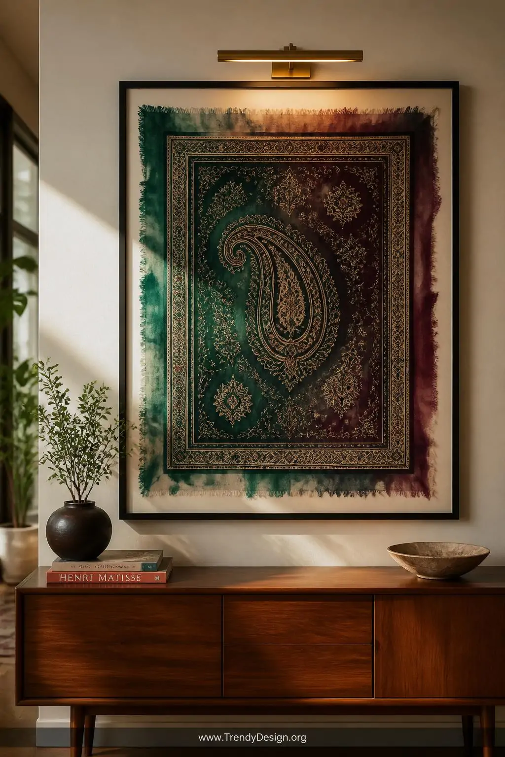 Paisley block-printed silk scarf panel in emerald and deep plum stretched and framed as wall art above a mid-century console table, gallery-lit with a brass picture light, the delicate feathered edges and translucent color bleed catching warm afternoon light, medium shot