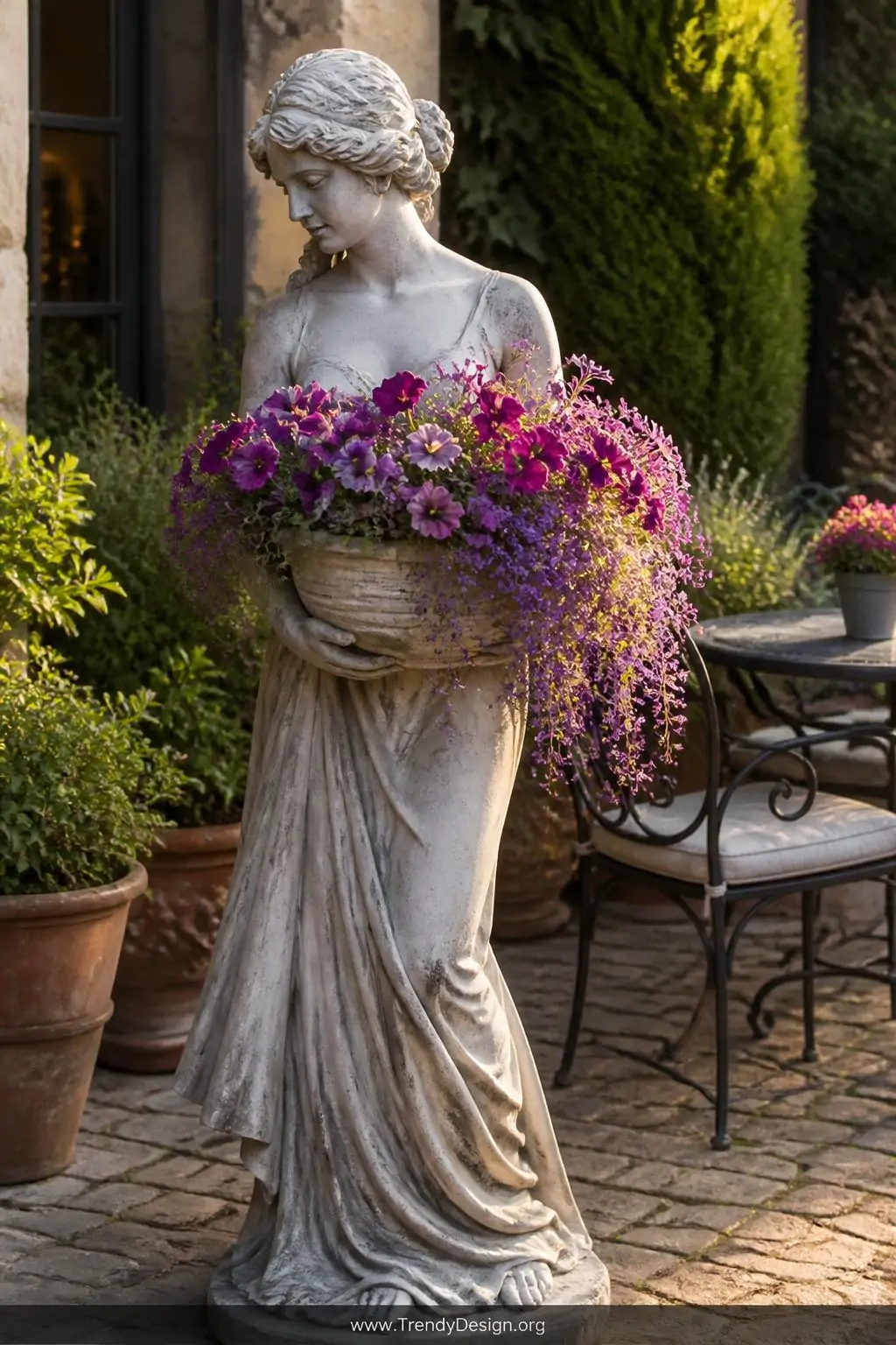 A concrete woman figure gracefully holds a wide planting bowl overflowing with cascading violet and magenta petunias and soft