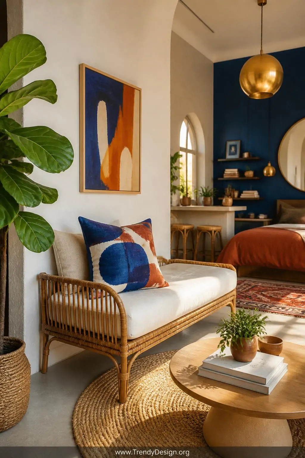 Abstract art pillow with oversized bold cobalt and terracotta brushstroke design leaning against a white plaster wall on a natural rattan daybed, wide shot of a sunlit bohemian studio apartment with fiddle leaf fig, jute rug, and warm brass pendant light overhead casting rich golden tones across vivid painted surfaces.