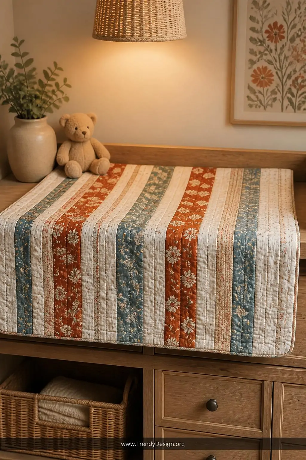 Strip quilt baby quilt unfolded across a weathered natural wood changing table, warm overhead pendant light, medium shot revealing alternating wide and narrow fabric strips in coordinating rust orange, dusty blue, and cream botanical prints from the same fabric collection creating satisfying rhythmic visual texture across the entire quilt surface.