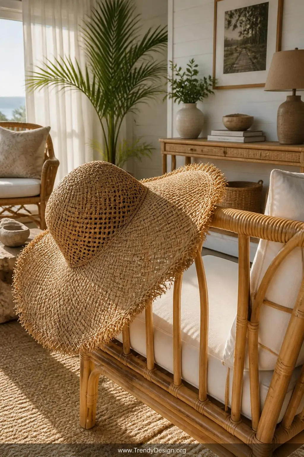 Wide-brimmed natural raffia woven straw hat draped casually over a rattan chair arm in a bright coastal sunroom with white shiplap walls and wicker furniture, golden afternoon sunlight pouring through sheer curtains, wide shot with vacation-inspired warmth.