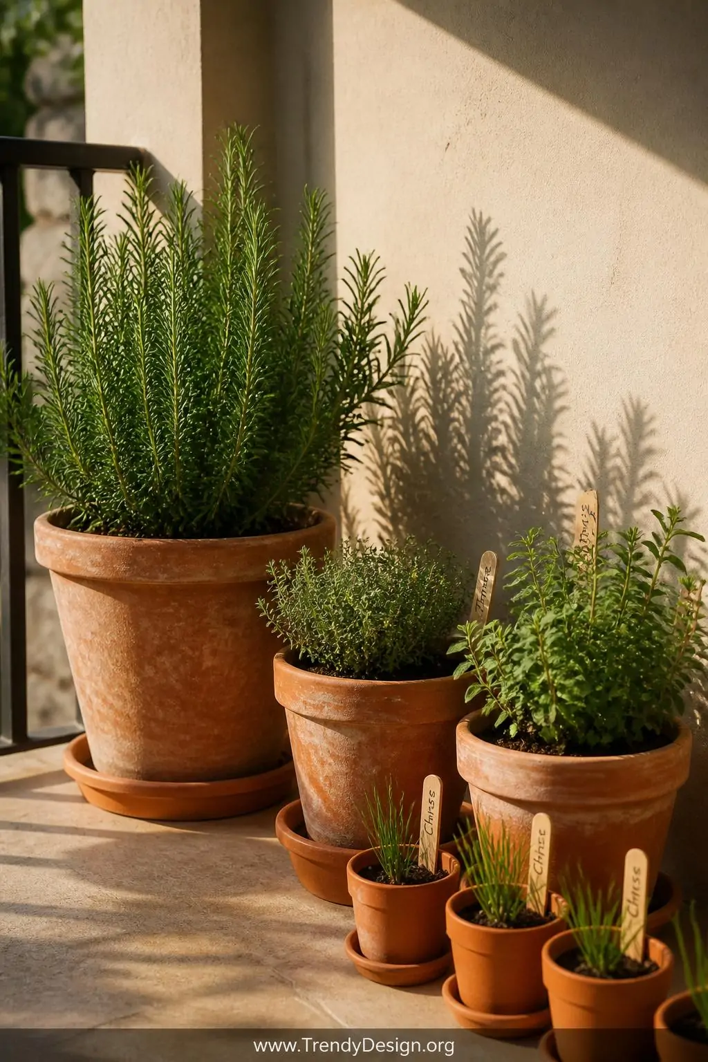 Grouped terracotta pots in graduated sizes lined along a sun-bright balcony wall, closeup shot, cottagecore style — a chunky pot of bushy rosemary, medium pots of silver-green thyme and oregano, and a neat row of tiny chive pots with handwritten wooden label stakes tucked into rich dark soil, warm direct sunlight warming the orange clay and casting crisp shadows, photorealistic interior design.