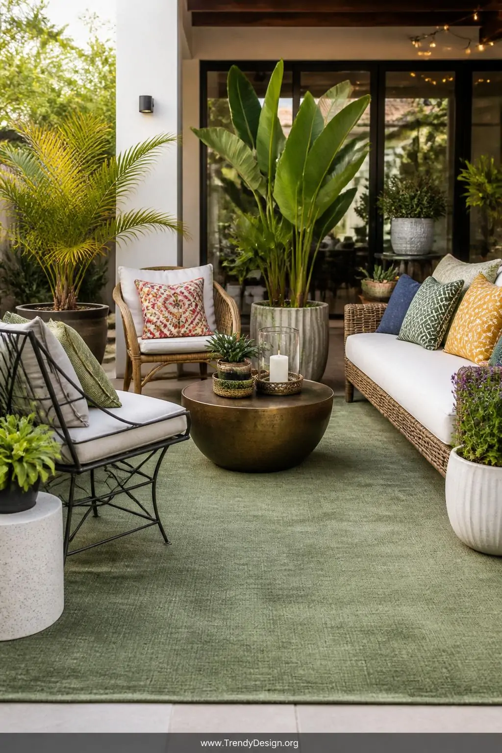 Solid sage green plush outdoor area rug anchoring a eclectic patio arrangement of mixed rattan and metal furniture, wide shot, vibrant potted plants and patterned throw pillows surrounding the clean unifying color, soft late afternoon light washing evenly across the weather-resistant plush surface.