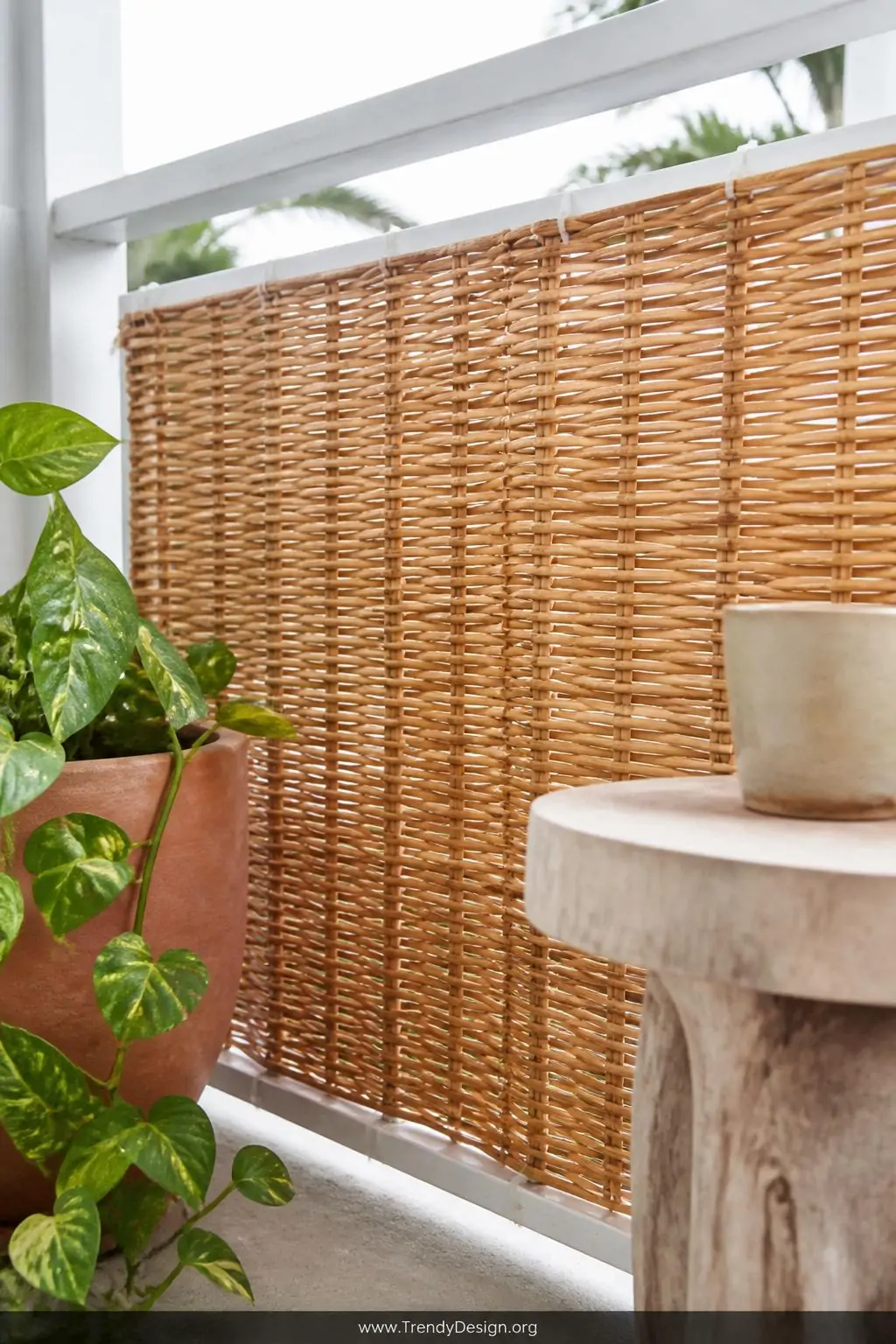 Woven reed fence panel in natural straw tones zip-tied to a white painted balcony railing, boho coastal balcony, tropical resort style, tightly textured warm weave filling the frame alongside a terracotta pot of trailing pothos and a bleached wood side table holding a ceramic mug, soft bright overcast light, closeup shot.