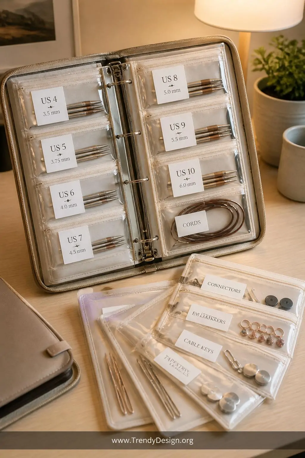 Open three-ring binder filled with zippered clear pouches on a light wood desk, each pouch labeled with needle tip sizes, interchangeable tips and cords neatly organized inside, soft warm desk lamp glow, additional pouches fanned open showing organized small accessories, closeup shot