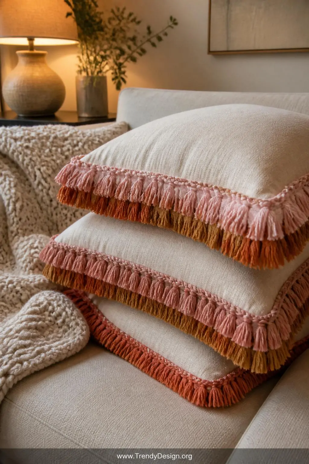 Finger-knit embroidery floss fringe-trimmed throw pillows stacked on a linen sofa, cozy boho living room, textural fringe trim in layered terracotta, blush, and caramel tones edging ivory pillow covers beside a chunky knit throw, warm lamp glow, closeup.