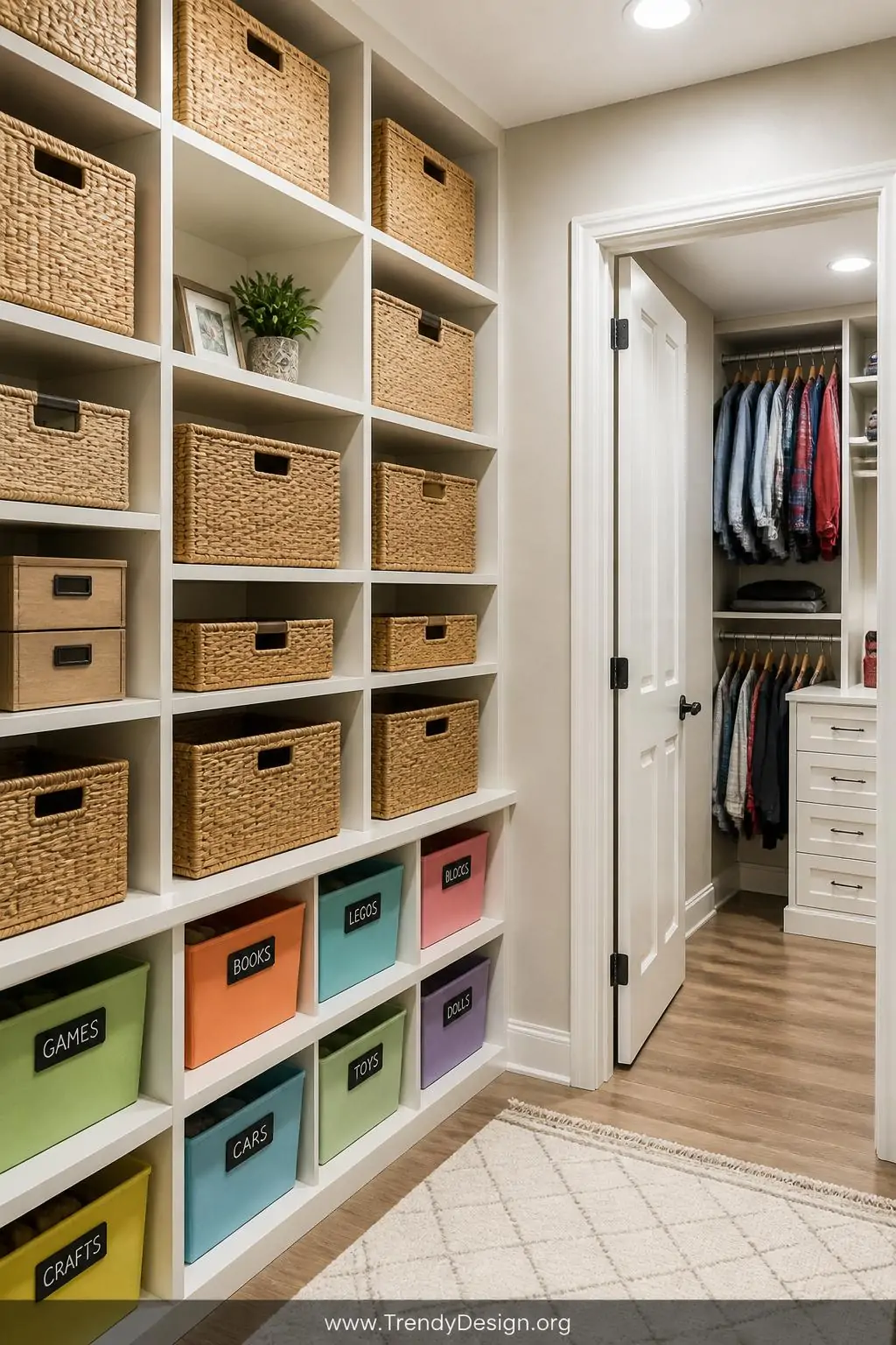 Medium photorealistic interior design shot of a wall of modular cube storage units in warm white, filled with woven rattan ba