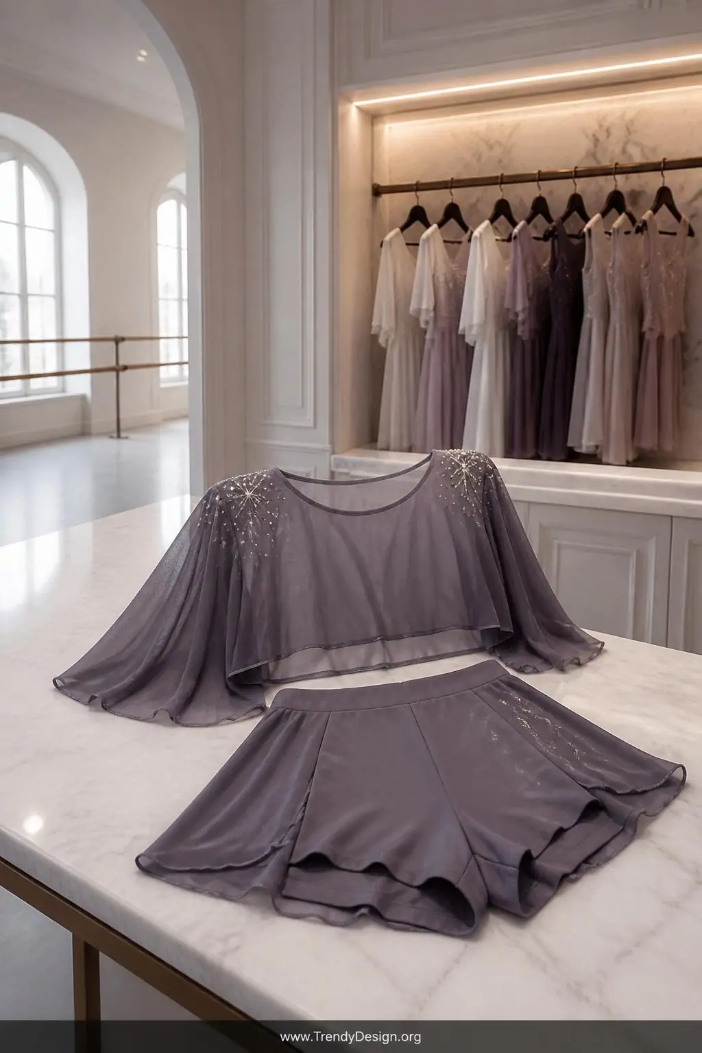Flowing chiffon mesh crop top with shoulder rhinestone constellations and matching high-waisted shorts folded open on a white marble dressing table, airy lyrical dance studio wardrobe alcove, medium shot with soft diffused natural window light catching stone details along the upper back panel.