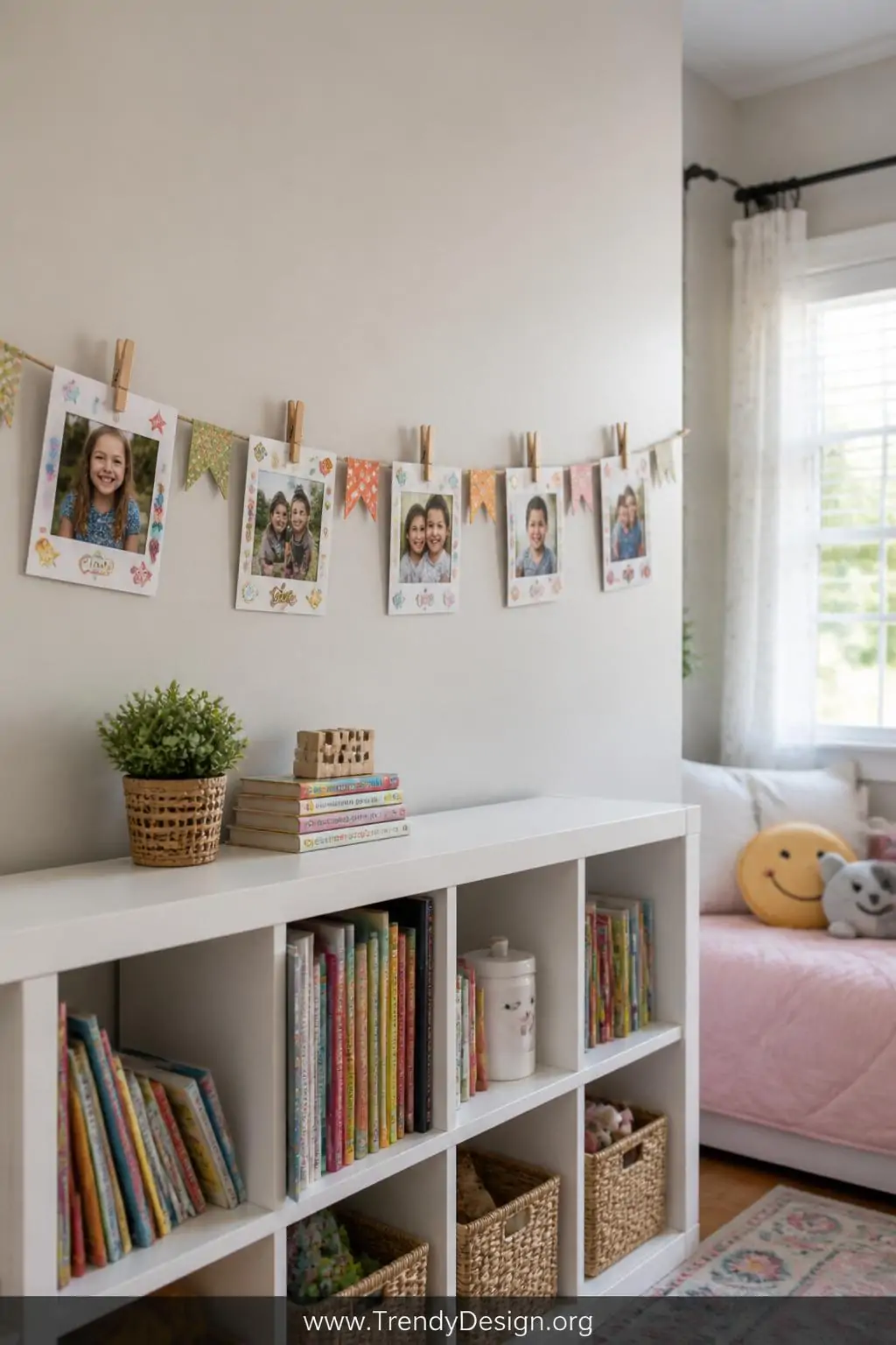 Twine photo banner with mini wooden clothespins clipping small decorated photo frames strung above a white bookshelf in a bright kids bedroom, colorful pennant flags between photos, sticker and stamp embellishments on each border, soft natural window light, wide shot