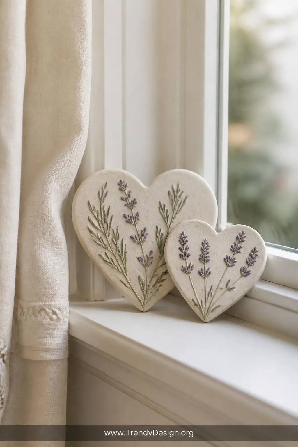 Salt dough pressed flower hearts showing delicate botanical rosemary and lavender impressions in natural cream tones propped on a bright white windowsill beside a small linen curtain, soft diffused daylight, closeup.