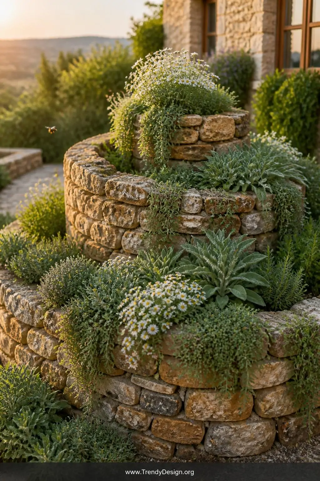 Rustic stone herb spiral planted with cascading silver-green thyme, velvety sage and delicate white chamomile blooms tumbling generously over natural reclaimed stones, golden hour light, bees hovering nearby, wide shot, photorealistic garden photography.