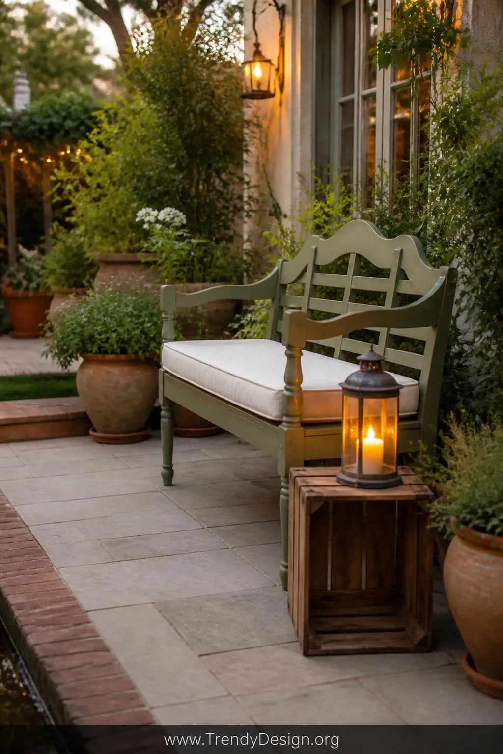 Restored vintage wooden garden bench painted in sage green outdoor paint, dressed with a cream linen outdoor cushion, beside an upturned wooden crate holding a flickering lantern, set on a brick-edged patio surrounded by terracotta pots and soft evening light, wide shot, photorealistic.