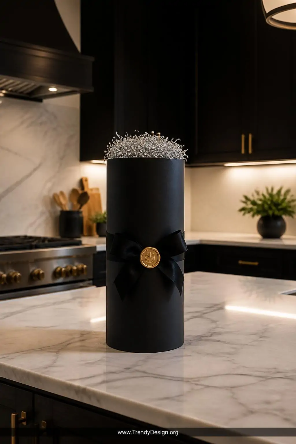 Matte black cylindrical wine gift box with a velvet ribbon and gold wax seal sitting on a marble kitchen island, shredded metallic silver paper visible at the lid, dramatic under-cabinet lighting creating elegant contrast, medium shot.
