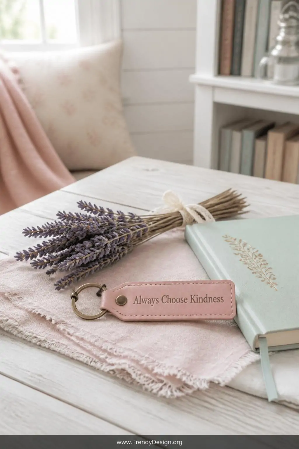 Soft pink leather keychain stamped with 