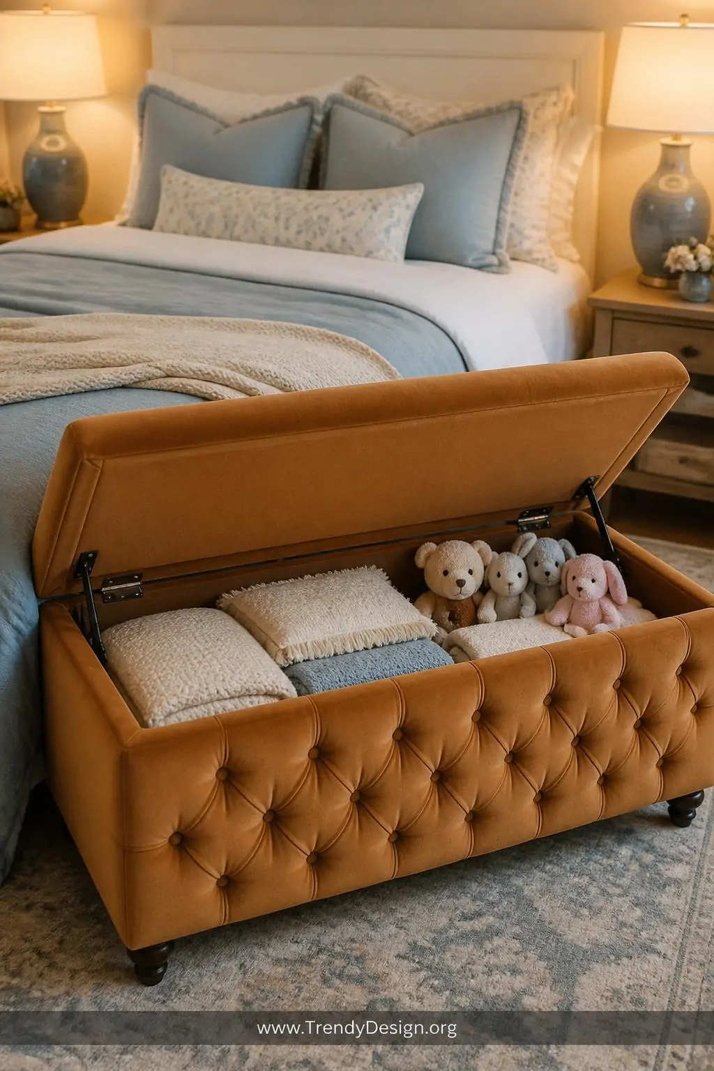 At the foot of a bed dressed in white and soft dusty blue linen, a tufted velvet storage bench in warm caramel tan sits with 