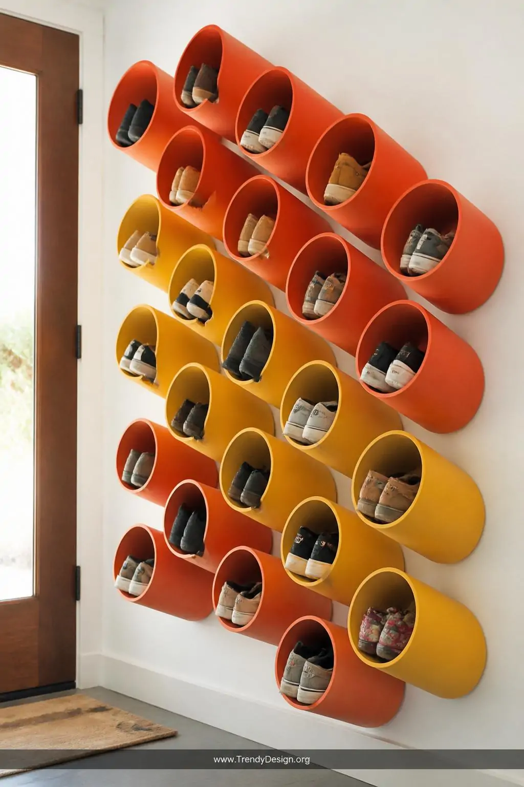 Colorful angled PVC pipe shoe rack mounted on a white entryway wall, each painted pipe slot cradling a single shoe in perfectly organized rows of bold coral and mustard pipes, bright overhead light, closeup shot emphasizing the geometric pipe arrangement.