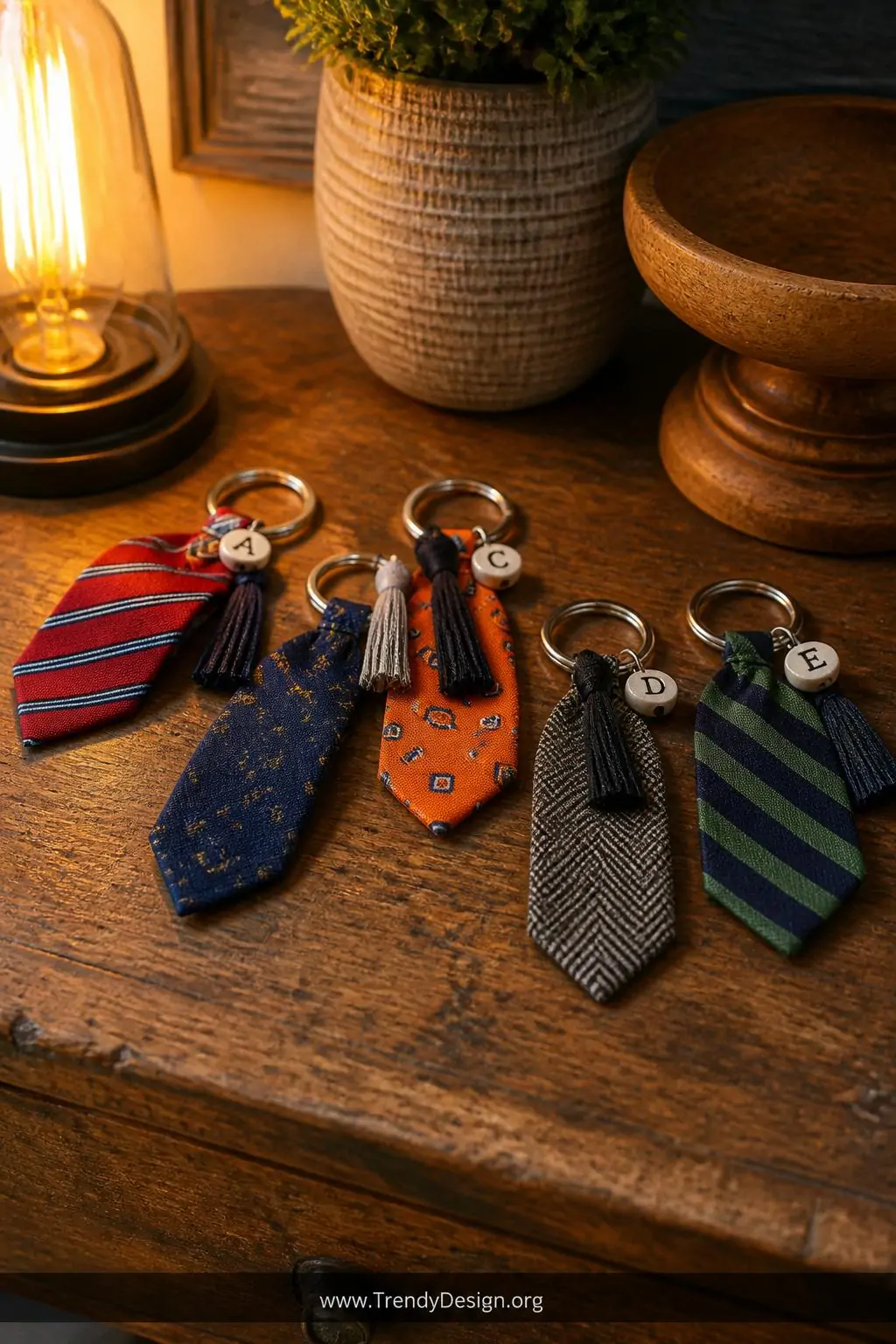 Colorful necktie keychain scraps folded over silver key rings with tassel and initial bead accents scattered on a reclaimed wood entryway table, warm Edison bulb light, closeup arrangement of five handmade keychains in varied silk and wool patterns.