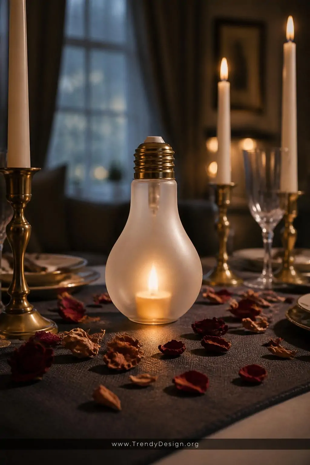 Frosted glass light bulb candle holder centered on a dark linen dinner table runner, battery tea light flickering inside and casting a soft warm halo glow, surrounded by scattered dried rose petals and thin taper candles in brass holders, medium romantic shot.