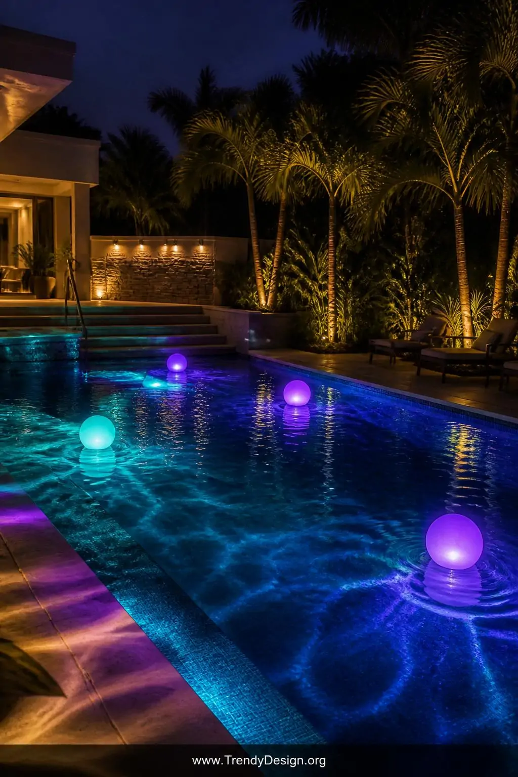 Floating LED pool lights glowing in deep violet and electric teal beneath dark evening pool water, nighttime backyard pool, dramatic ambient style, color-changing orbs casting luminous underwater reflections that ripple across surrounding stone patio and nearby tropical plantings, wide atmospheric shot
