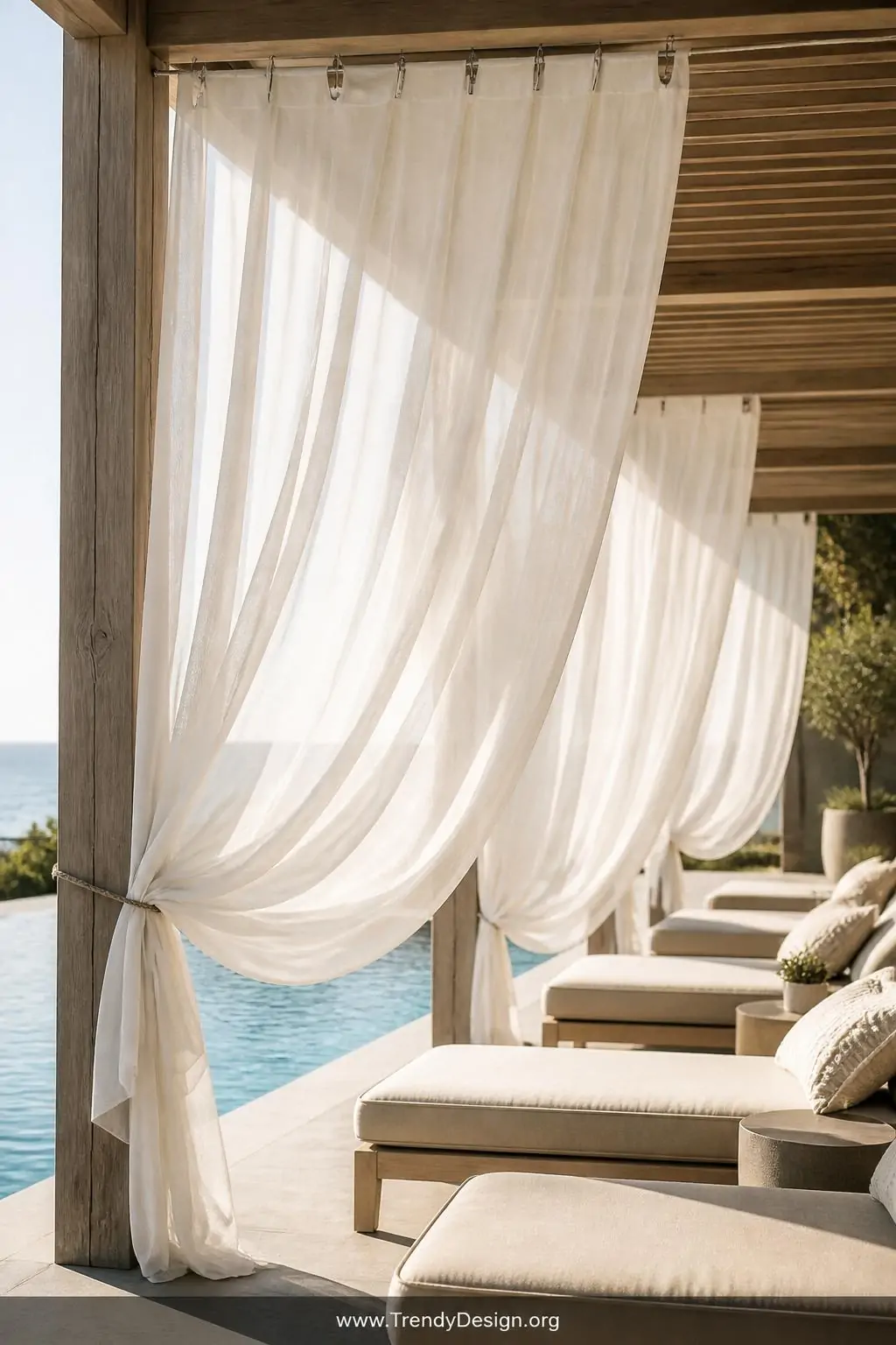 Pergola fitted with billowing white linen-look outdoor curtains pulled softly to one side over a pool cabana area, rust-proof tension wire system holding sheer weatherproof panels, glimpses of blue water visible through the filtered fabric, neutral cream and sand toned cushioned lounge chairs inside, medium shot capturing the breezy flowing fabric in soft afternoon light.
