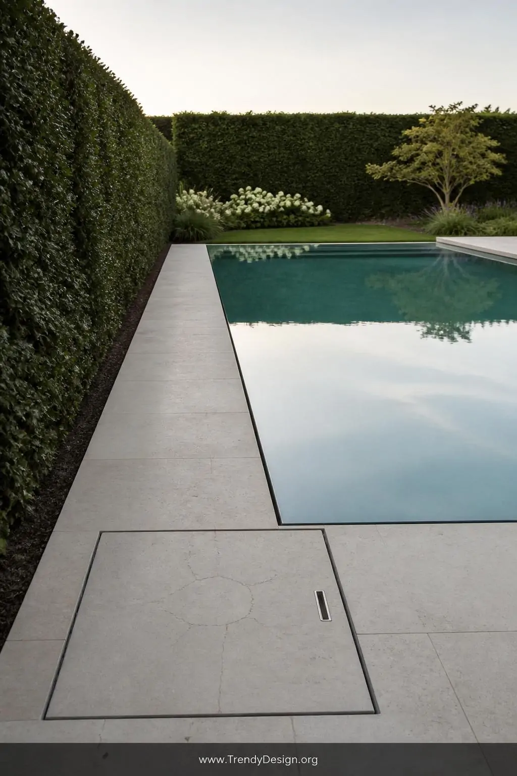 Underground slow-sand filter access panel beside a sleek minimalist natural pool in a modern garden, contemporary clean style, medium shot — a geometric pool with mirror-flat crystal-clear water reflecting a pale sky, a flush concrete panel at the pool edge concealing the buried sand filtration system, bordered by clipped dark green hedging and smooth pale limestone coping.