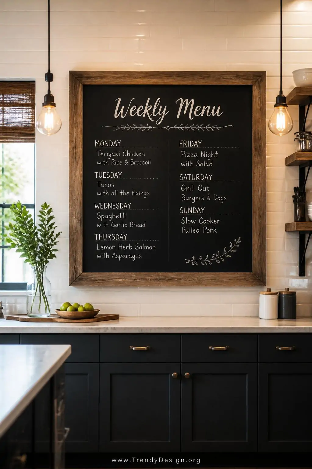 Large framed slate chalkboard mounted on a white subway-tiled kitchen wall displaying a hand-lettered weekly menu in chalk marker, reclaimed wood frame, Edison bulb pendant lights, wide shot, photorealistic interior design, no people.