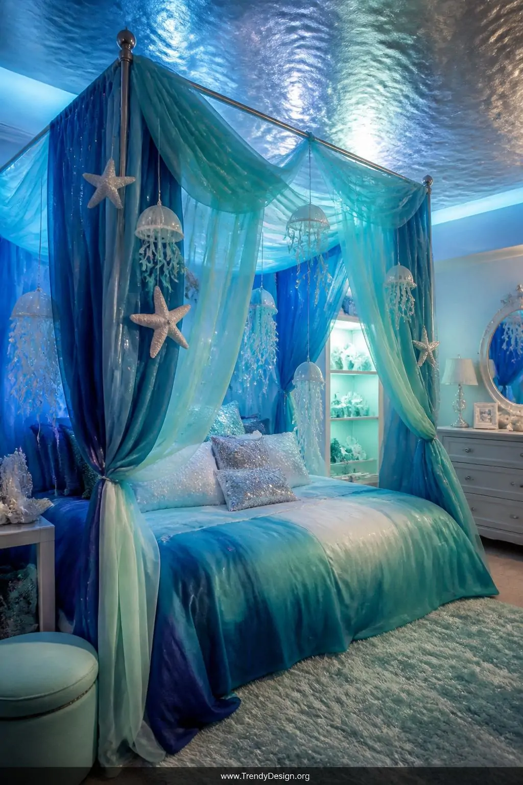 Photorealistic wide-angle shot of a spectacular children's mermaid underwater bedroom with layered translucent fabric canopy 