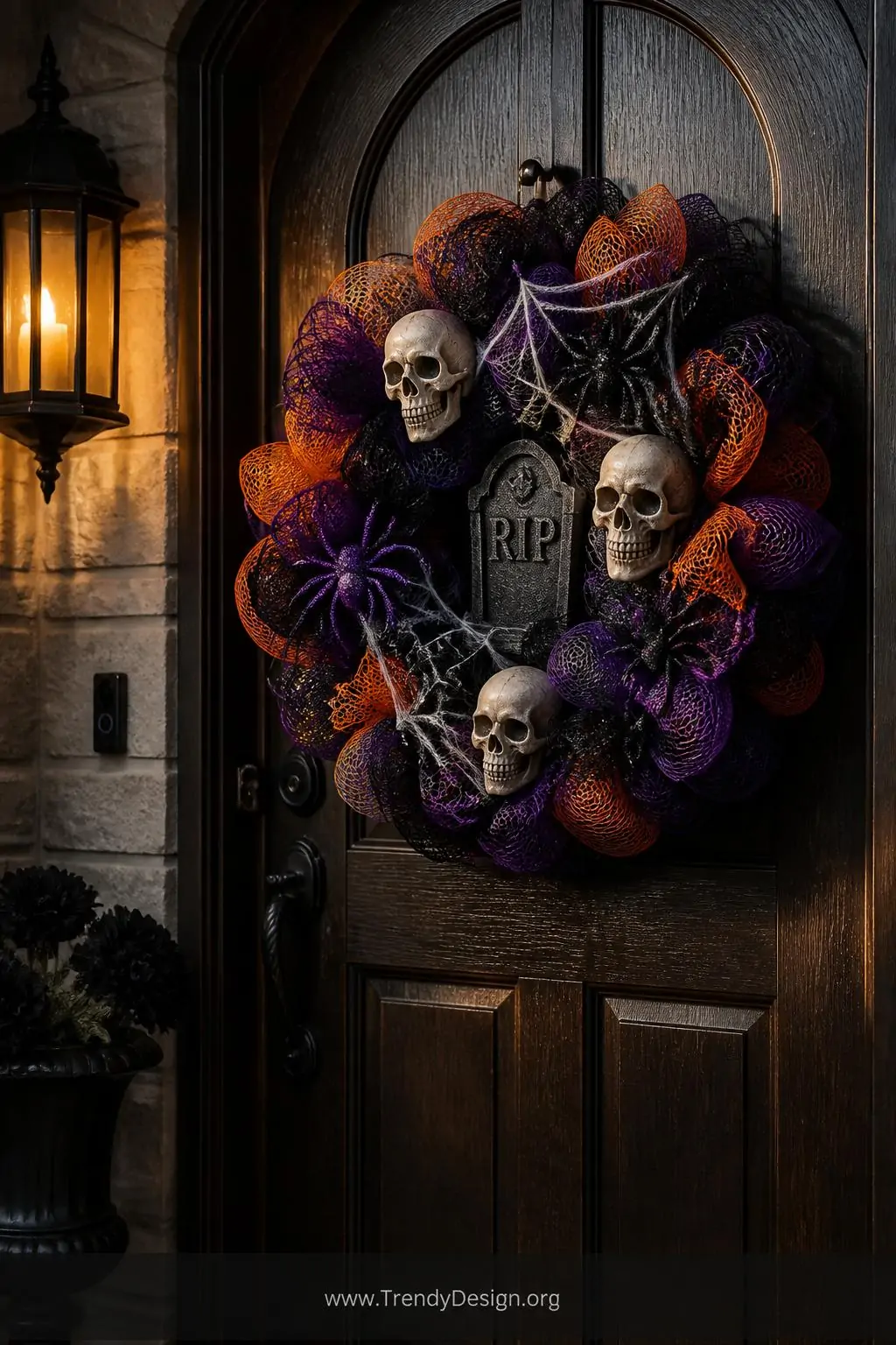 Black, deep purple, and orange layered deco mesh wreath with plastic skulls, glittery spider picks, stretched faux cobwebs, and a small RIP tombstone pick hanging on a dark wood front door under a flickering porch lantern, dramatic shadow, medium shot.