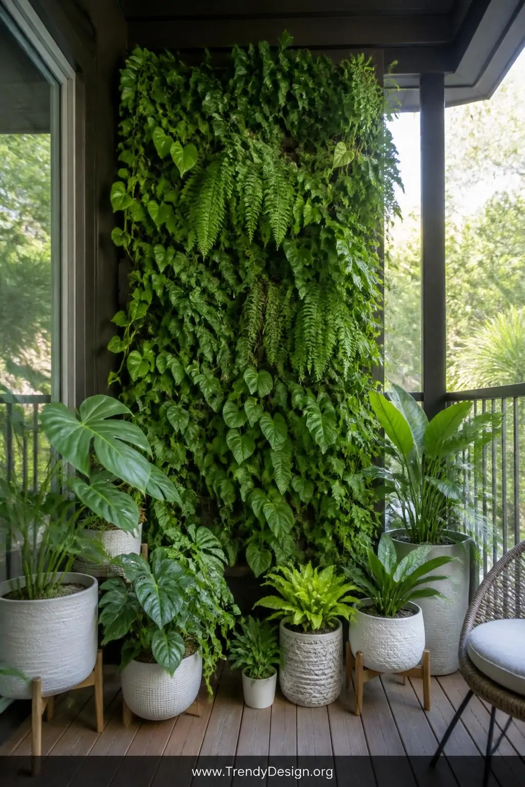 Lush vertical garden panel mounted to a screened porch frame covered in cascading pothos and ferns, surrounded by varying-height ceramic pots with tropical plants on wooden stands, bright filtered daylight, medium wide shot of living green wall.