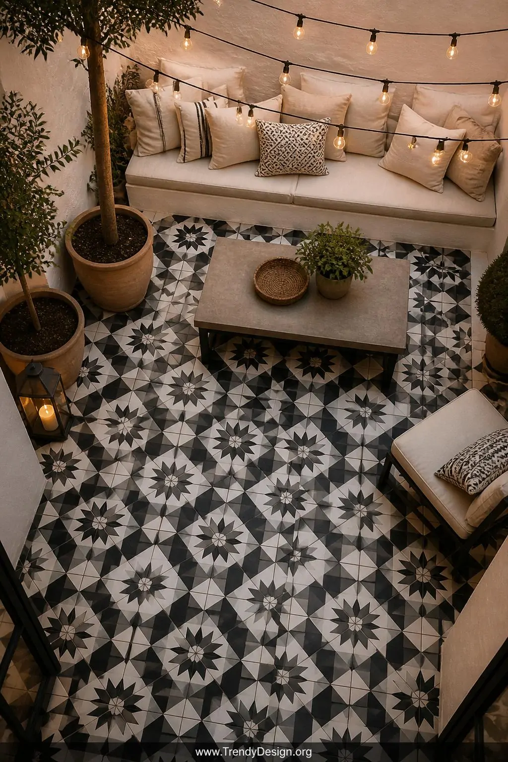 Patterned encaustic cement tiles in bold geometric black-and-white Moroccan motifs covering a small intimate courtyard terrace floor, handmade pigmented surface texture clearly visible, simple whitewashed render walls, neutral linen cushion seating, string lights overhead casting warm evening glow, closeup overhead shot, photorealistic interior design.
