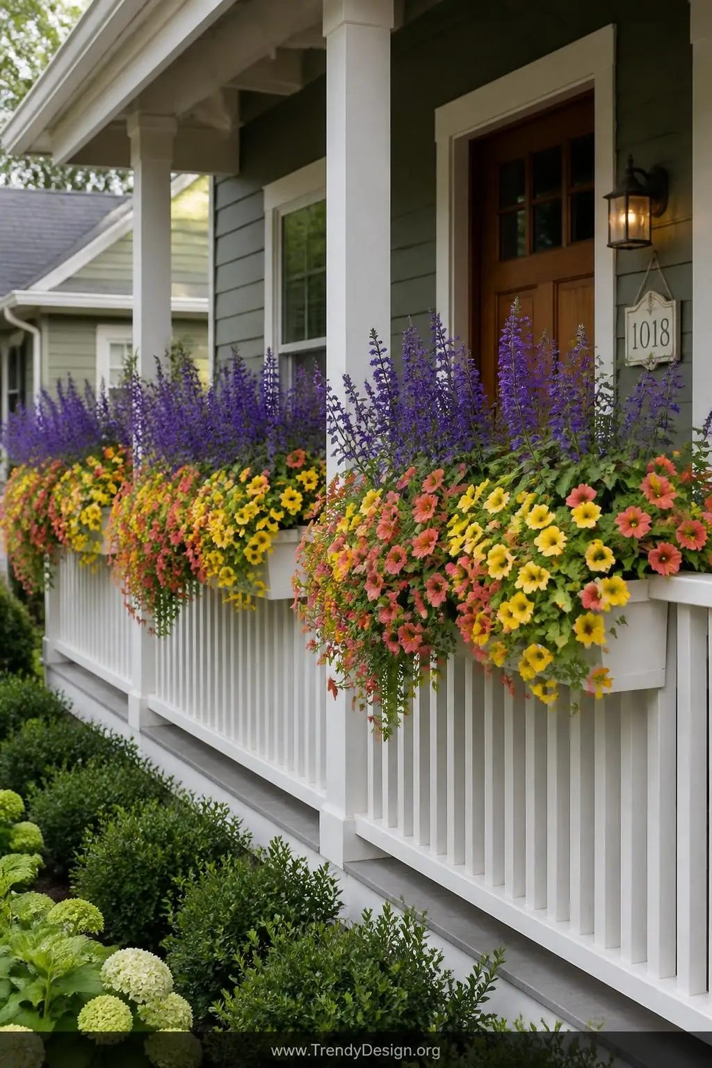 White window box planters mounted along a craftsman porch railing, wide shot, filled with upright deep purple salvia and trailing million bells in coral and yellow cascading generously over the painted white railing, lush continuous ribbon of blooms against a sage green exterior, soft even morning light, photorealistic cottage entryway design.