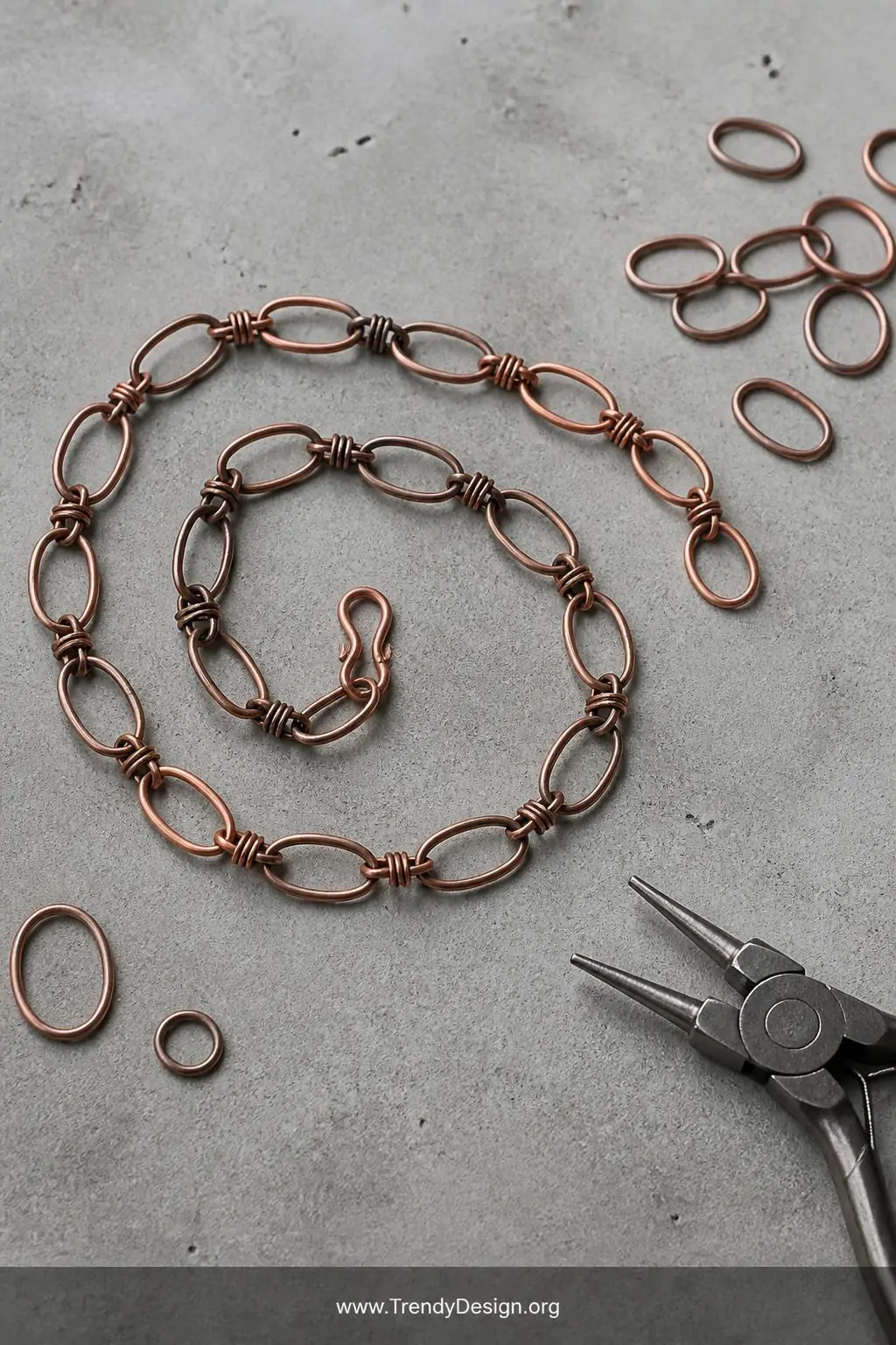 Handcrafted copper wire oval link chain necklace coiled loosely on a smooth gray concrete surface beside scattered wire loops and round-nose pliers, industrial workshop aesthetic, cool overhead light, wide flat lay shot