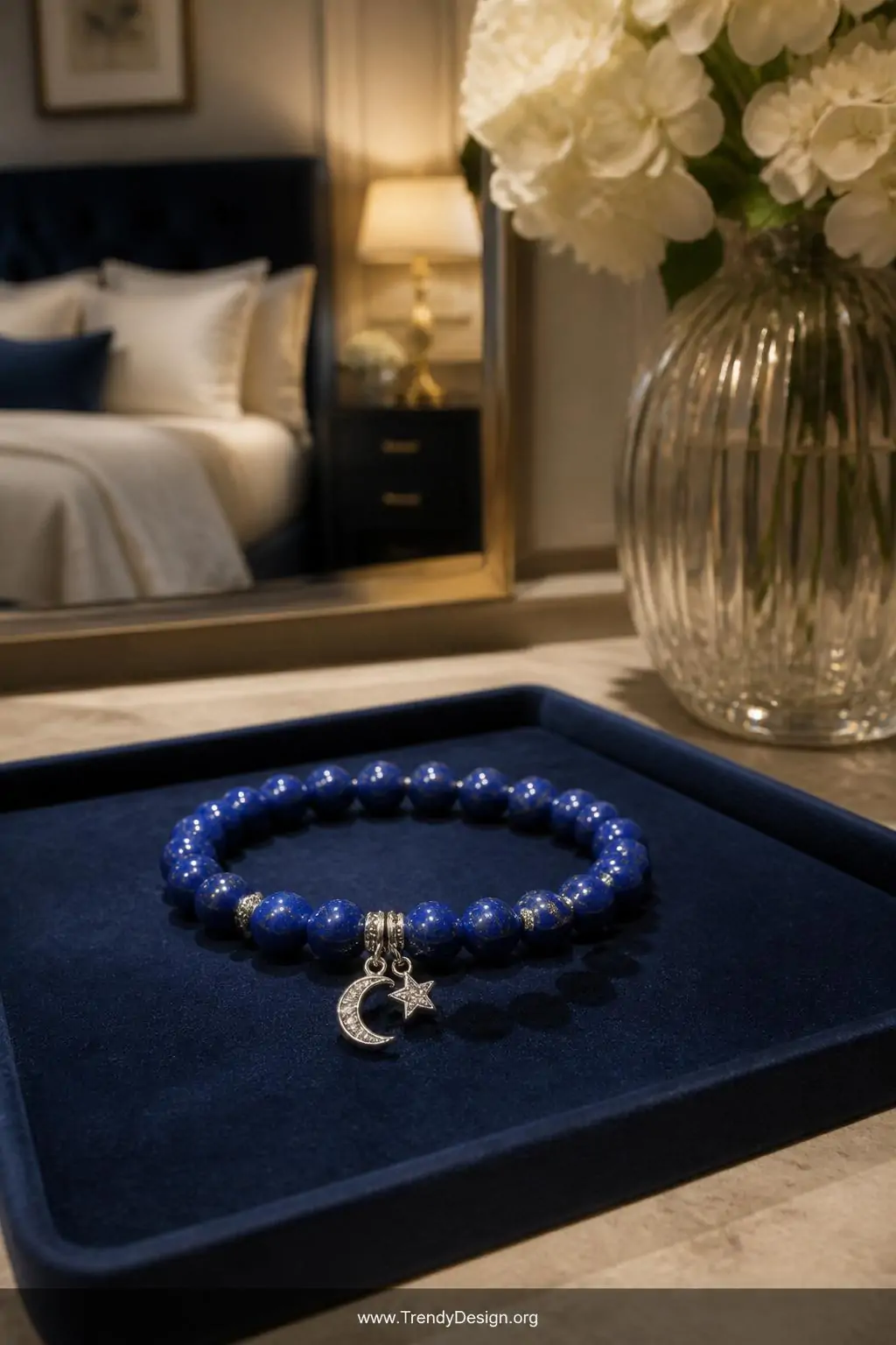 Deep blue lapis lazuli bead bracelet with a delicate silver moon and star charm dangling mid-strand, resting on a dark navy velvet jewelry tray inside a softly lit bedroom vanity nook, closeup shot capturing the charm's movement shadow and the beads' rich gold-flecked surface.