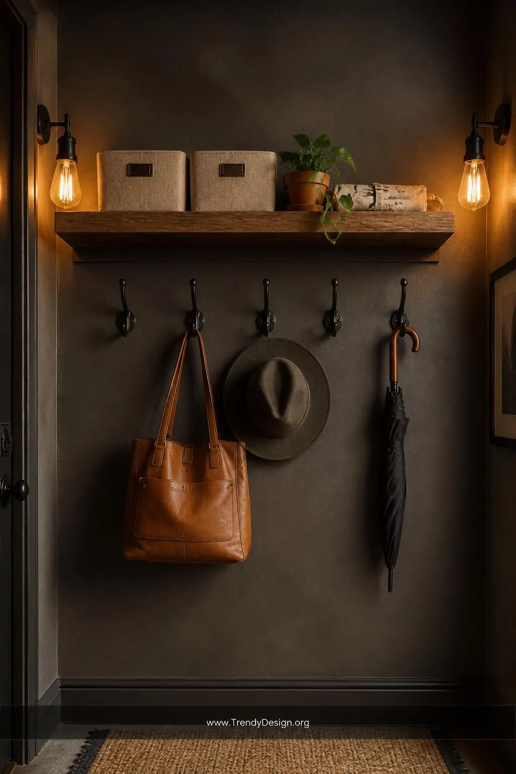 A medium photorealistic interior design shot of a deep solid oak wall shelf mounted just above head height in a narrow entryw