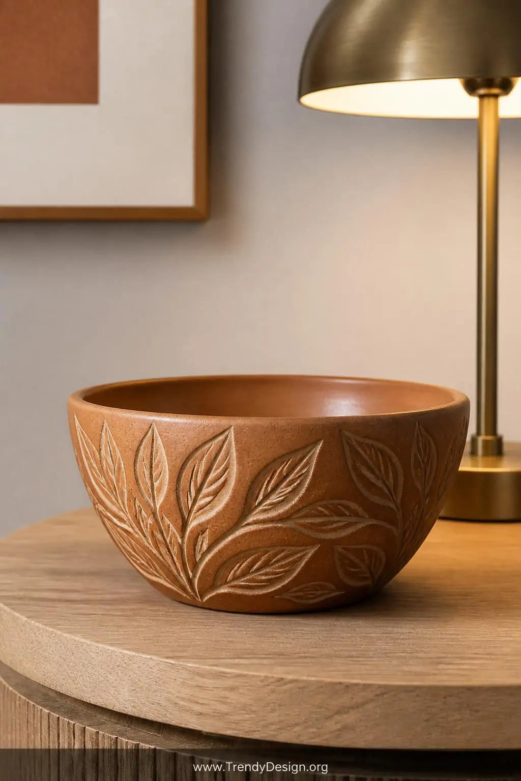 Medium clay bowl with smooth blended walls and deeply carved leaf botanical motifs on the outer surface displaying acrylic-highlighted grooves on a minimalist white oak side table, soft diffused reading lamp light, closeup