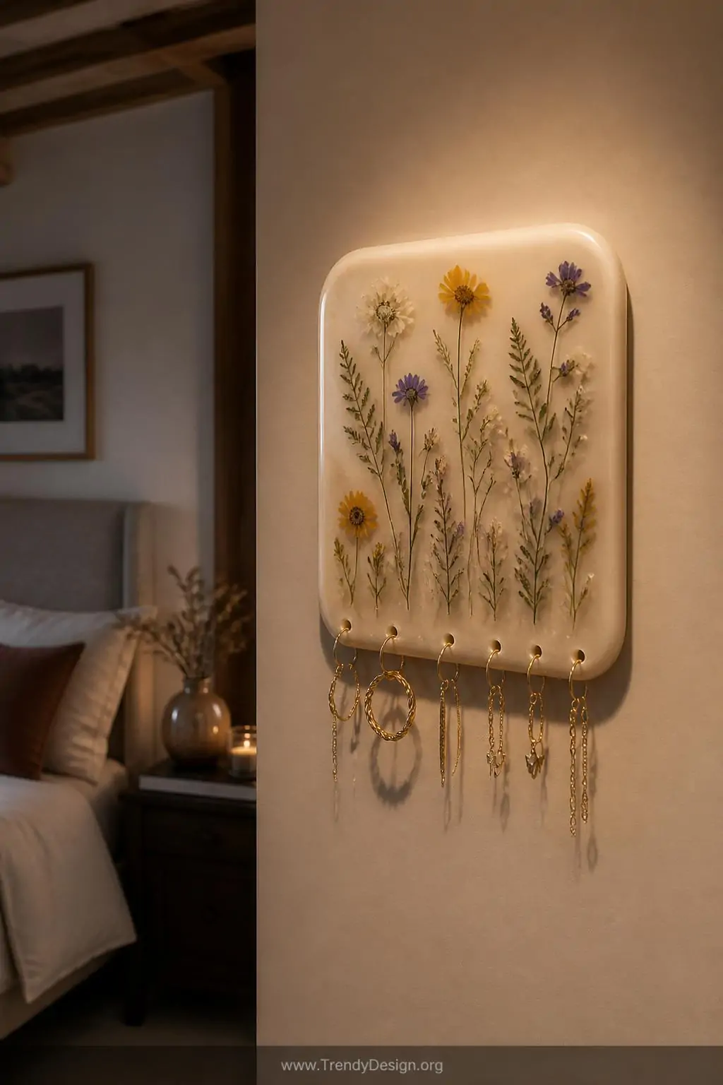Polymer clay pressed flower earring display mounted on a bedroom wall, flat clay slab embedded with wildflowers and tiny ferns sealed under glossy resin, small gold earrings hanging from punched bottom edge, warm accent lighting, medium shot.
