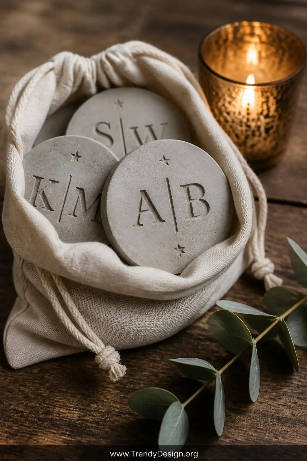 Personalized concrete coasters with deeply stamped monogram initials and small star impressions displayed in an open linen gift bag on a rustic wooden desk beside a sprig of eucalyptus, warm candlelight glowing nearby, medium shot capturing the handcrafted texture and elegant stamped lettering.