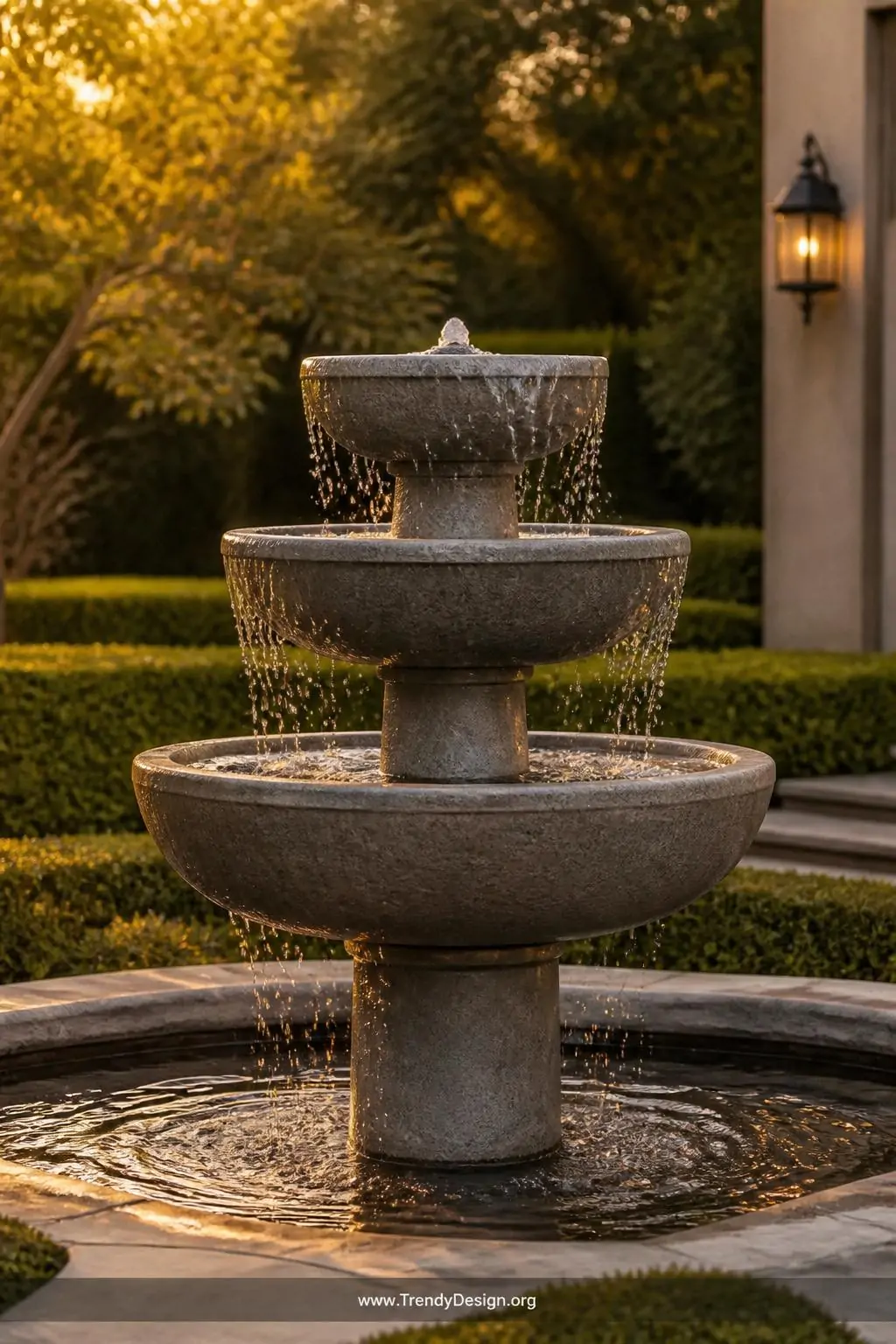 Three-tiered concrete fountain bird bath with graduated rough-textured gray basins stacked on a central column, water trickling visibly from the smallest top basin downward, set in a formal garden with clipped hedges and warm amber evening light catching the water movement, wide shot.
