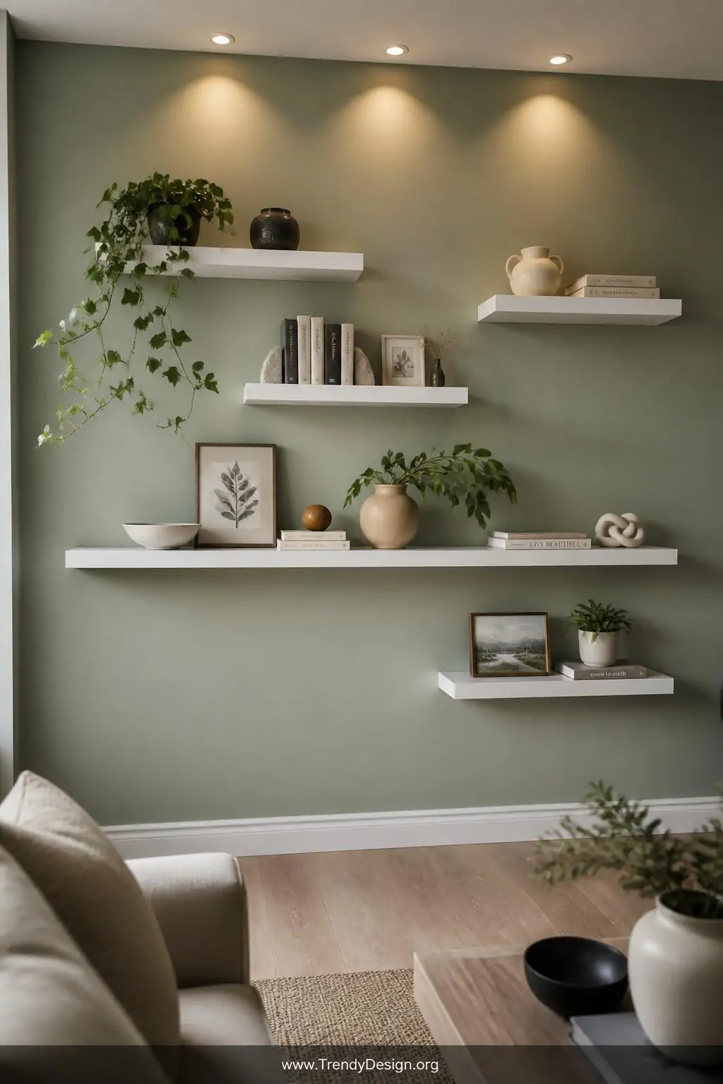 A wide photorealistic interior design shot of an asymmetrical arrangement of five floating shelves in matte white at staggere