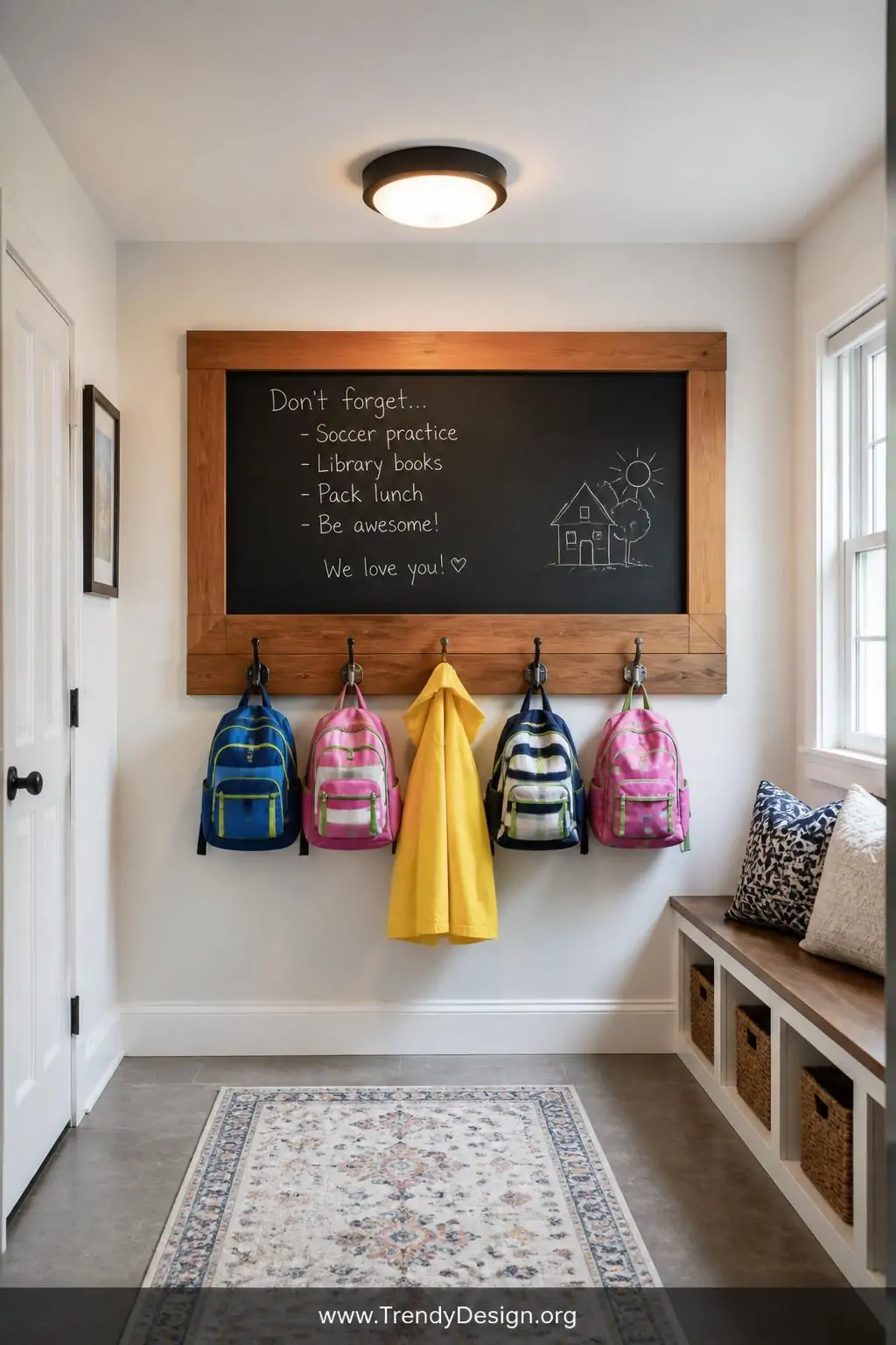 Cedar wood coat rack with a chalkboard center panel mounted in a bright mudroom, warm reddish-brown cedar frame surrounding a matte black chalkboard painted with casual handwritten notes and a small sketch, chrome and black hooks along the bottom holding colorful kids' backpacks and a yellow rain jacket, overhead flush-mount light illuminating the cheerful space, wide shot, photorealistic interior design.