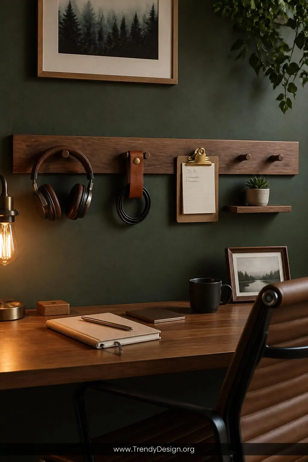 Natural walnut wood peg rail mounted behind a home office desk, headphones and a leather cord organizer hanging from pegs, a small clipboard and a tiny succulent on a peg-mounted ledge, warm Edison desk lamp glow, deep green wall with a cohesive warm wood and linen aesthetic, medium shot.