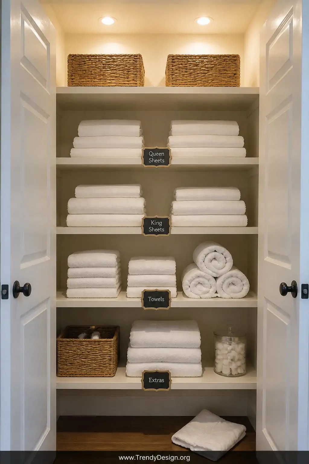 Wide shot of an impeccably organized linen closet with every shelf bearing small brass-rimmed chalkboard label tags reading 