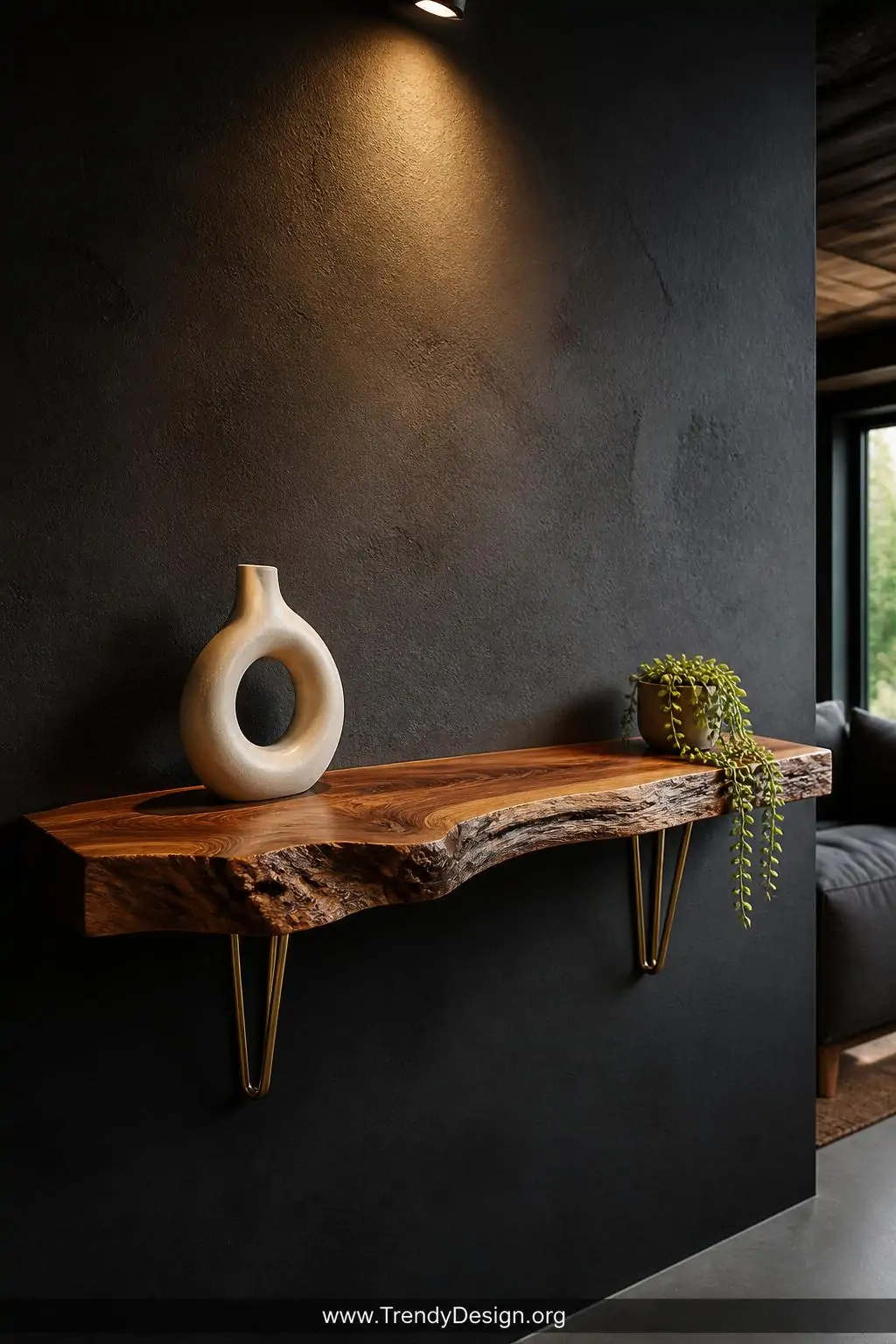 A wide photorealistic interior shot of a dramatic living room feature wall where a single large live-edge walnut slab shelf i